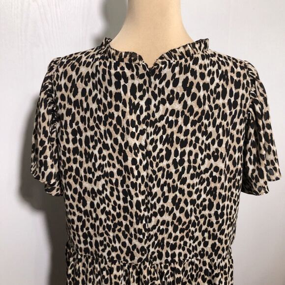 Loft Dress Womens XL Brown Black Leopard Print Babydoll Ruffle Flutter Sleeve - Picture 12 of 16